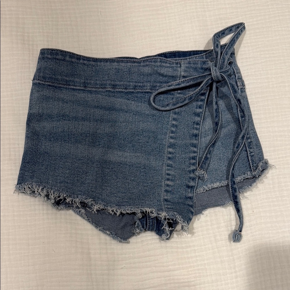 Katie J NYC Denim Wrap Skort Shorts - Blue